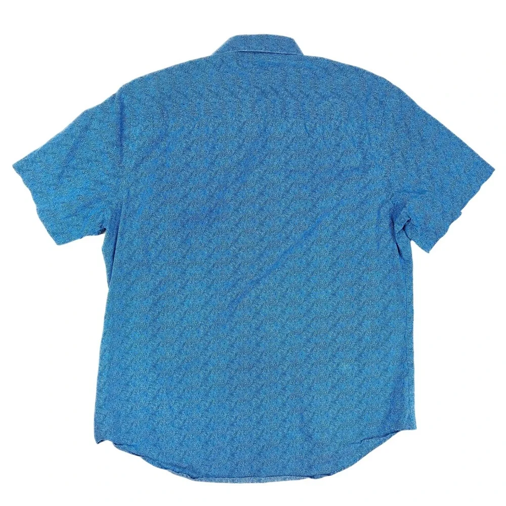 Perry Ellis Blue White Mosaic Button Short Sleeve Shirt Men's Size‎ Large